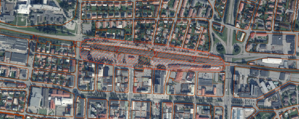 Kartbild som visar planområdet, streckat i rött i mitten. Pressbild: Skellefteå kommun