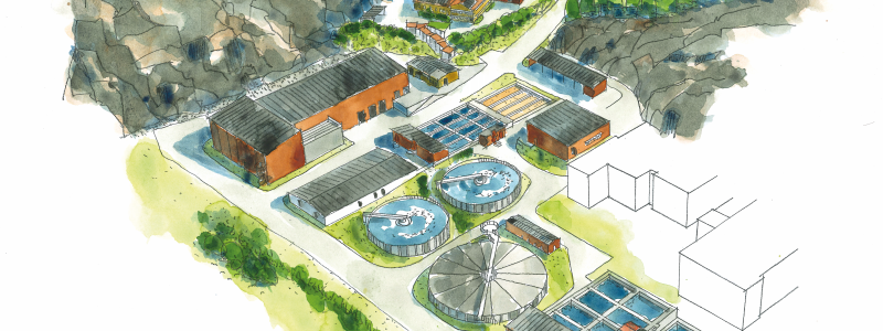 Utbyggnaden av Hammargårds reningsverk beräknas vara klar 2030. Akvarell Bild:Tengbom
