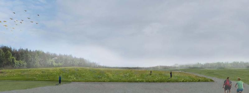 Platsen i Rikstens Friluftsstad i Tullinge är i dag helt platt. Den kommer efter övertäckningen att vara en liten kulle. Metoden, som är väl etablerad och beprövad, bedöms som den mest lämpliga avseende miljönytta och teknisk genomförbarhet. Bild: Försvarsmakten