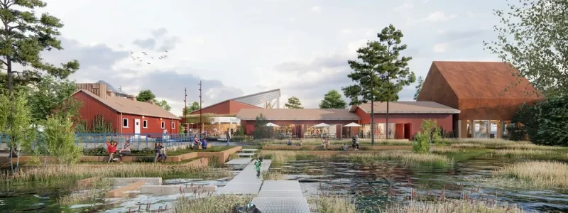 Team VERK-SAMs förslag för reningsverket innefattar bland annat att reningsverkets byggnader och bassänger omvandlas till dagvattenpark. Illustration: ArkDes