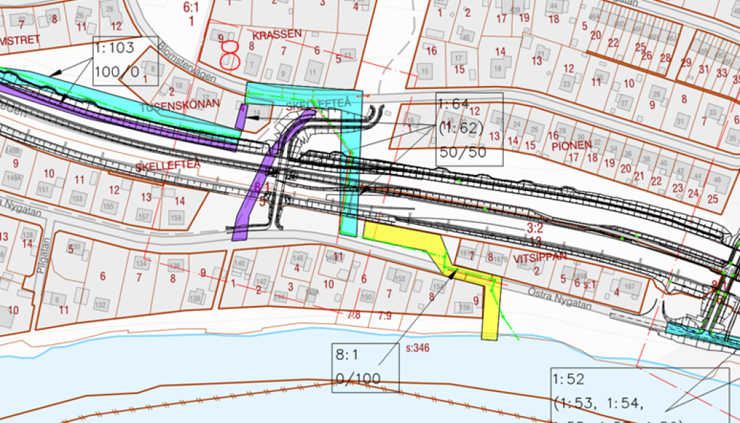 Gult område visar var VA-arbetet på Östra Nygatan för att förbereda för Norrbotniabanan väntar. Karta: Skellefteå kommun