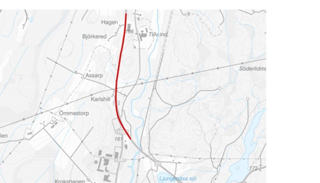 Översiktskarta av Ljungsnäs, vattenskyddsåtgärder. Karta: Trafikverket/Lantmäteriet Geodatasamverkan 