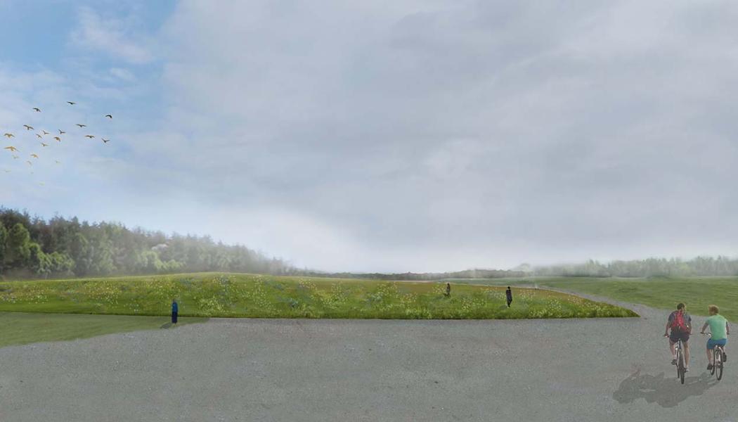 Platsen i Rikstens Friluftsstad i Tullinge är i dag helt platt. Den kommer efter övertäckningen att vara en liten kulle. Metoden, som är väl etablerad och beprövad, bedöms som den mest lämpliga avseende miljönytta och teknisk genomförbarhet. Bild: Försvarsmakten