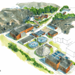 Utbyggnaden av Hammargårds reningsverk beräknas vara klar 2030. Akvarell Bild:Tengbom