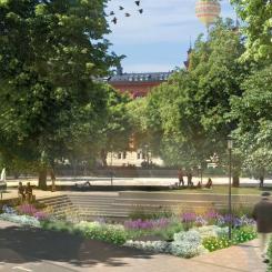 Visionsbild av parken på Jarlaplan. Illustration: Karavan landskapsarkitekter