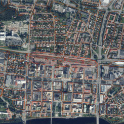 Kartbild som visar planområdet, streckat i rött i mitten. Pressbild: Skellefteå kommun