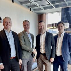 Torbjörn Gustafsson, CFO Uniwater, Petter Björkman, VD Water Engineering, Olof Nordin, affärsområdeschef Treatment , Johan Wallén, förvärvs- och strategiansvarig Foto: Uniwater